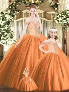 Floor Length Lace Up Ball Gown Prom Dress Orange Red for Military Ball and Sweet 16 and Quinceanera with Beading