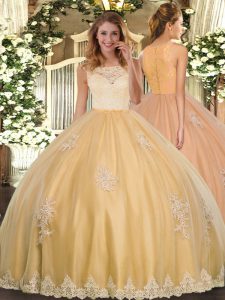 Ball Gowns Quince Ball Gowns Gold Scoop Tulle Sleeveless Floor Length Clasp Handle