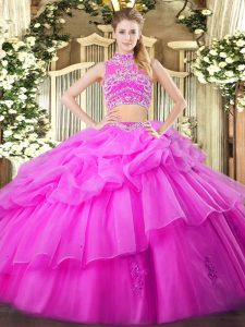 Lilac Backless Quinceanera Dress Beading and Ruffles and Pick Ups Sleeveless Floor Length