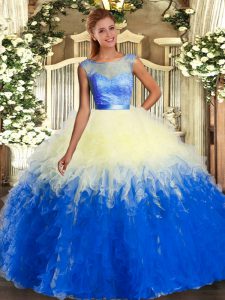 Sleeveless Organza Floor Length Backless Quinceanera Gowns in Multi-color with Lace and Ruffles