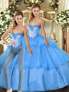 Inexpensive Baby Blue Vestidos de Quinceanera Military Ball and Sweet 16 and Quinceanera with Beading and Ruffled Layers Sweetheart Sleeveless Lace Up