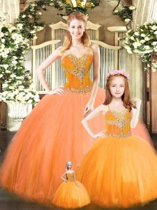 Orange Red Sleeveless Floor Length Beading Lace Up Sweet 16 Quinceanera Dress