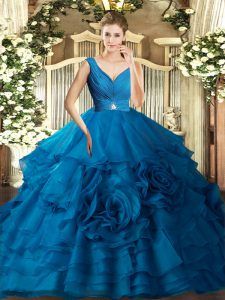 Floor Length Backless Sweet 16 Dresses Blue for Military Ball and Sweet 16 and Quinceanera with Beading and Ruffles