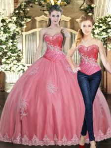 Floor Length Rose Pink Ball Gown Prom Dress Tulle Sleeveless Beading and Appliques