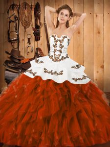 Romantic Rust Red Satin and Organza Lace Up Strapless Sleeveless Floor Length Quinceanera Dresses Embroidery and Ruffles