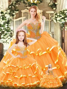 Best Floor Length Orange Red Quinceanera Gowns Sweetheart Sleeveless Lace Up