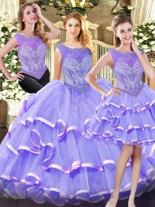 Custom Design Scoop Sleeveless Ball Gown Prom Dress Floor Length Beading and Ruffled Layers Lavender Organza