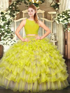 Elegant Scoop Sleeveless Zipper Vestidos de Quinceanera Yellow Green Tulle
