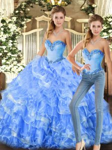 Custom Made Baby Blue and Light Blue Two Pieces Beading and Ruffles 15 Quinceanera Dress Lace Up Organza Sleeveless Floor Length