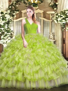 Yellow Green Sleeveless Floor Length Ruffled Layers Zipper Sweet 16 Dress