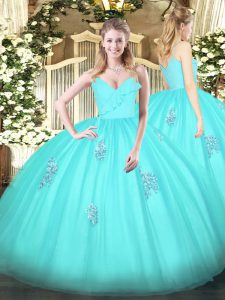 Spaghetti Straps Sleeveless Ball Gown Prom Dress Floor Length Appliques Aqua Blue Tulle