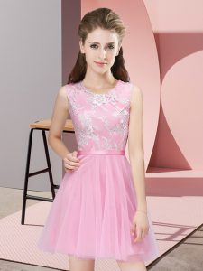 Cheap Sleeveless Mini Length Lace Side Zipper Dama Dress for Quinceanera with Pink