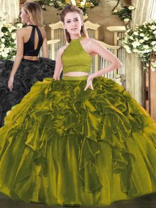 Sleeveless Floor Length Beading and Ruffles Backless Sweet 16 Dresses with Olive Green