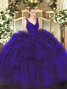 Purple Quince Ball Gowns Sweet 16 and Quinceanera with Beading and Ruffles V-neck Sleeveless Zipper