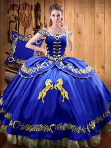Royal Blue Off The Shoulder Neckline Beading and Embroidery Ball Gown Prom Dress Sleeveless Lace Up