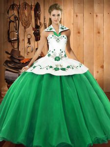 Attractive Green Sleeveless Satin and Tulle Lace Up Vestidos de Quinceanera for Military Ball and Sweet 16 and Quinceanera