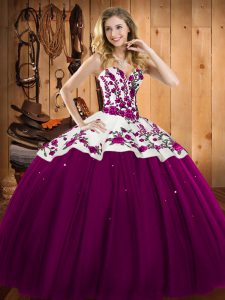 High Class Satin and Tulle Sweetheart Sleeveless Lace Up Embroidery 15 Quinceanera Dress in Fuchsia