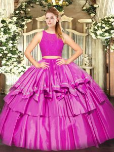 Sleeveless Tulle Floor Length Zipper Quinceanera Gown in Fuchsia with Ruffled Layers