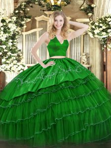 Fashion Green Sleeveless Tulle Zipper Quinceanera Gowns for Military Ball and Sweet 16 and Quinceanera