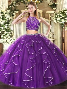 Dazzling Purple Tulle Zipper Sweet 16 Dress Sleeveless Floor Length Beading and Ruffles