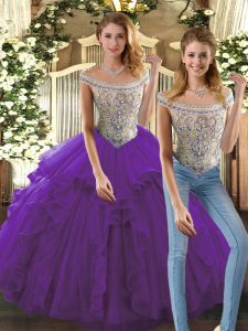 Sweet Purple Two Pieces Bateau Sleeveless Organza Floor Length Lace Up Beading and Ruffles Quince Ball Gowns
