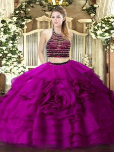 Beading and Ruffled Layers Ball Gown Prom Dress Fuchsia Zipper Sleeveless Floor Length