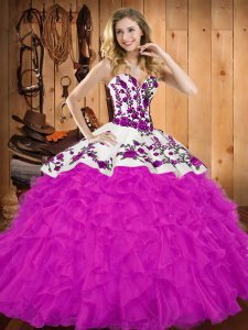 Fuchsia Ball Gowns Embroidery and Ruffles Quinceanera Gowns Lace Up Tulle Sleeveless Floor Length