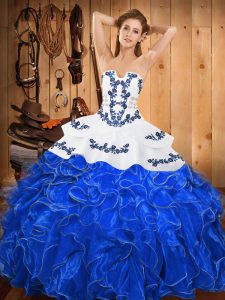 Unique Blue And White Ball Gowns Embroidery and Ruffles 15th Birthday Dress Lace Up Satin and Organza Sleeveless Floor Length