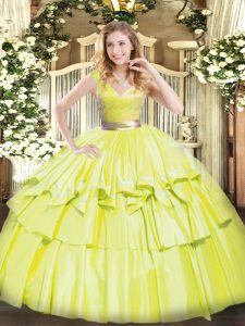 New Style Beading and Ruffled Layers Quinceanera Dresses Yellow Green Zipper Sleeveless Floor Length