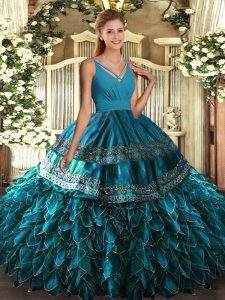 Extravagant Sleeveless Organza Floor Length Side Zipper Ball Gown Prom Dress in Blue with Beading and Appliques and Ruffles