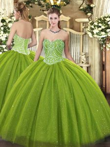 Olive Green Tulle Lace Up Sweetheart Sleeveless Floor Length Sweet 16 Dresses Beading