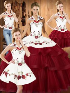 Wine Red Ball Gowns Satin and Organza Halter Top Sleeveless Embroidery and Ruffled Layers With Train Lace Up Quinceanera Dresses Sweep Train