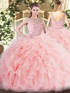 Custom Design Baby Pink Tulle Zipper Bateau Sleeveless Floor Length Quince Ball Gowns Beading and Ruffles