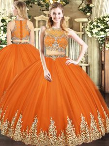 Tulle Scoop Sleeveless Zipper Beading and Appliques Quinceanera Dresses in Orange Red