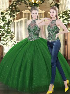 Attractive Beading Quinceanera Gown Dark Green Lace Up Sleeveless Floor Length