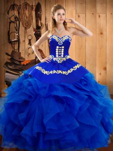 Royal Blue Sweetheart Lace Up Embroidery and Ruffles Sweet 16 Dress Sleeveless