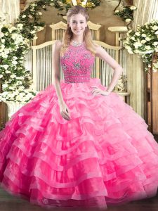 Modest Sleeveless Floor Length Beading and Ruffled Layers Zipper Quinceanera Gowns with Rose Pink