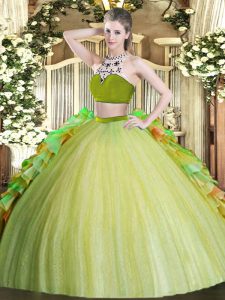 Olive Green Backless Quinceanera Gowns Beading and Ruffles Sleeveless Floor Length