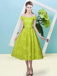 Olive Green Empire Off The Shoulder Cap Sleeves Lace Tea Length Lace Up Bowknot Quinceanera Dama Dress