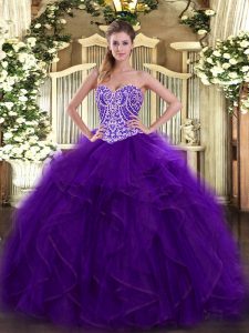 Dramatic Sleeveless Organza Floor Length Lace Up Sweet 16 Dress in Purple with Beading and Ruffles