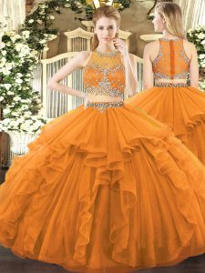 Orange Sleeveless Floor Length Beading and Ruffles Zipper 15 Quinceanera Dress