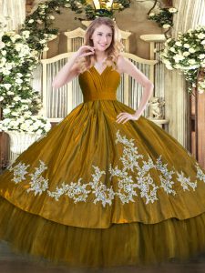 Beauteous Brown Satin and Tulle Zipper Sweet 16 Dress Sleeveless Floor Length Embroidery