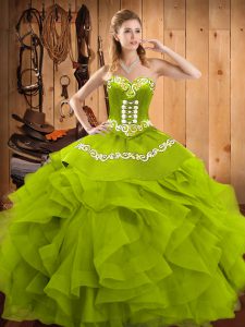 Top Selling Sleeveless Floor Length Embroidery and Ruffles Lace Up Quinceanera Dress with Olive Green