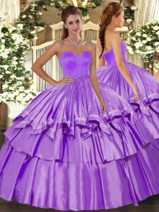 Lilac Sweet 16 Dresses Military Ball and Sweet 16 and Quinceanera with Beading and Ruffled Layers Sweetheart Sleeveless Lace Up