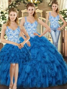 Enchanting Blue Sleeveless Floor Length Beading and Ruffles Lace Up 15th Birthday Dress