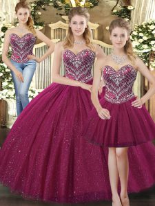 Flare Tulle Sweetheart Sleeveless Lace Up Beading Quinceanera Gowns in Fuchsia