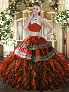 Rust Red 15 Quinceanera Dress Military Ball and Sweet 16 and Quinceanera with Beading and Ruffles High-neck Sleeveless Backless