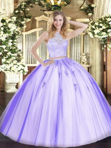 Lavender Zipper Scoop Lace and Appliques Sweet 16 Dresses Tulle Sleeveless
