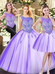 Best Selling Lavender Sleeveless Tulle Zipper Quince Ball Gowns for Military Ball and Sweet 16 and Quinceanera