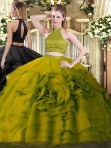 Olive Green Tulle Backless Halter Top Sleeveless Floor Length Sweet 16 Quinceanera Dress Beading and Ruffles